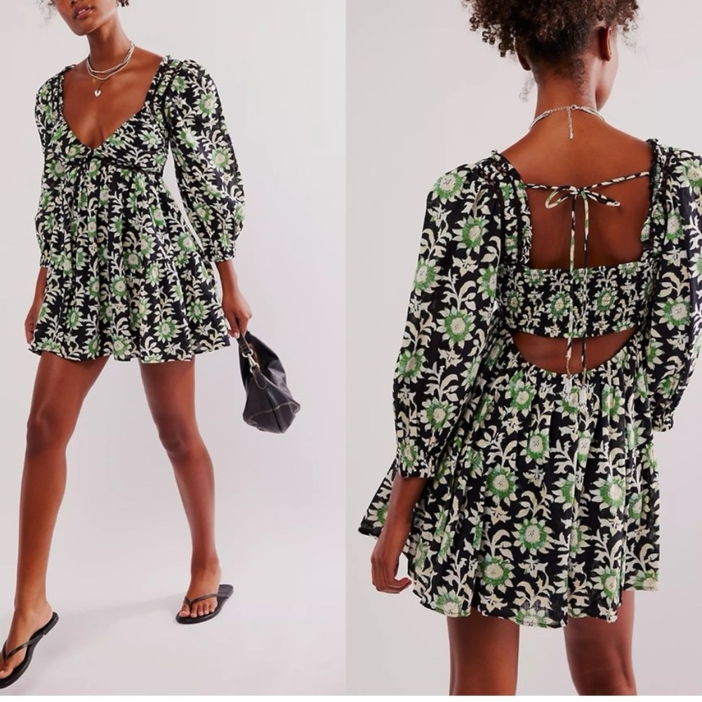 Free People Sacha Mini Dress Black Floral Beaded Flirty Dress LARGE NWT